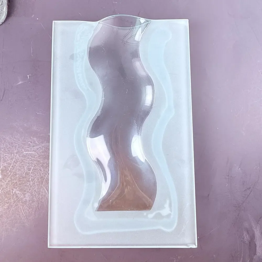 Modern Fused Art Glass Vase Frosted Wavy Clear Black Metal Stand Abstract 13.5